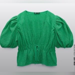 Zara Green Puff-Sleeve Tie-Front Top